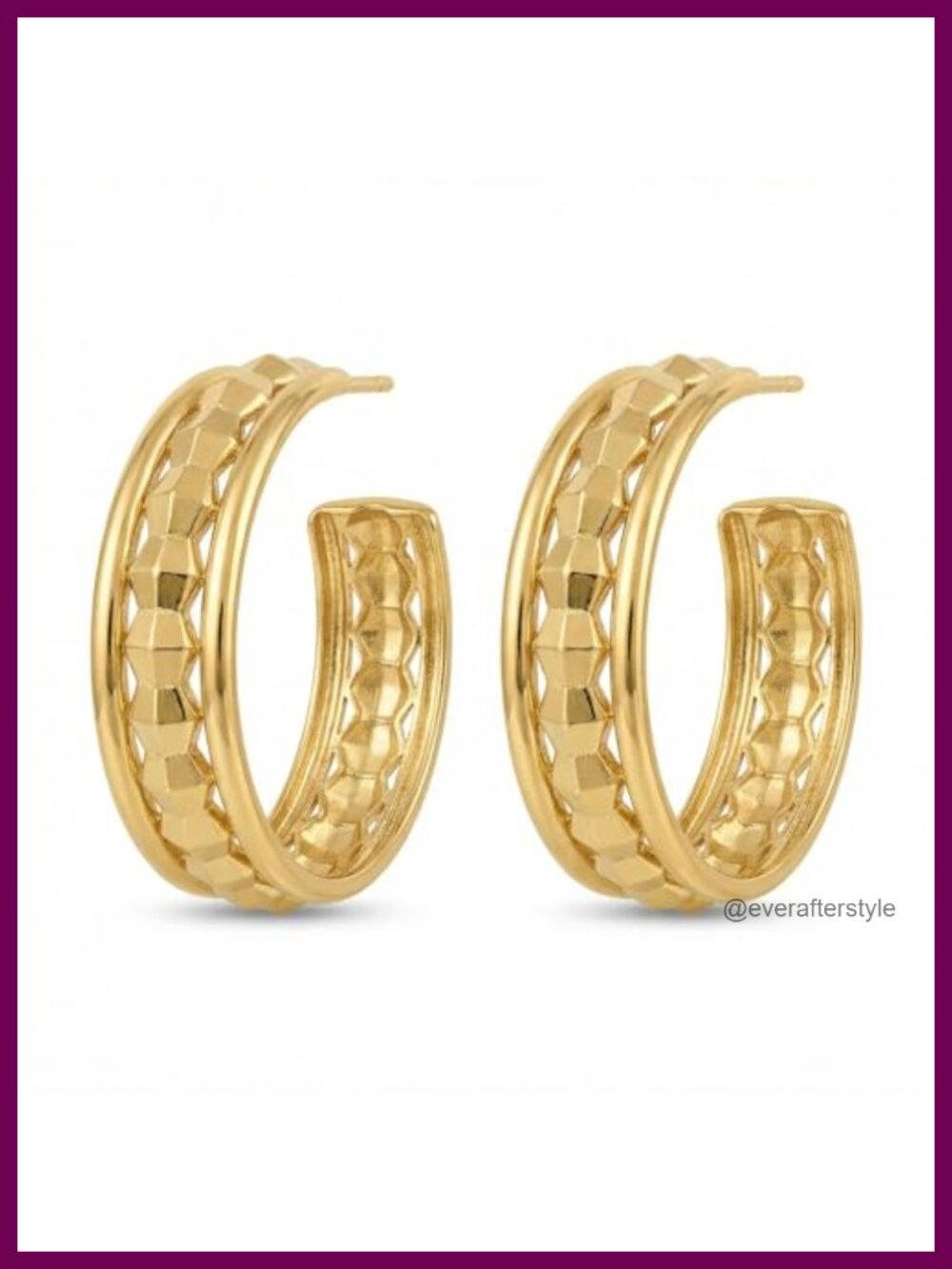 14K Gold Plated Brass 20mm Architectural Hoop Earrings Hypoallergenic